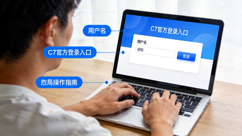 C7官网登录入口访问指南配图 - 用户在笔记本电脑前按步骤核对域名与安全锁标识并完成登录的场景