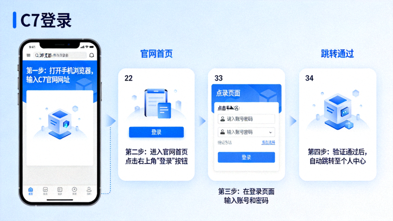 C7官网官方登录入口使用流程配图 - 手机端C7平台登录流程分步演示界面