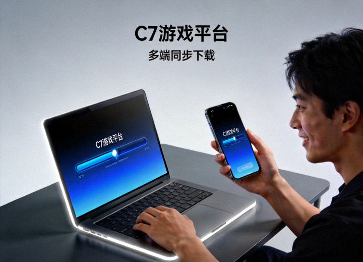 C7游戏下载页面首屏配图 - 用户在笔记本电脑与手机两台设备上同时查看C7平台客户端下载进度的场景